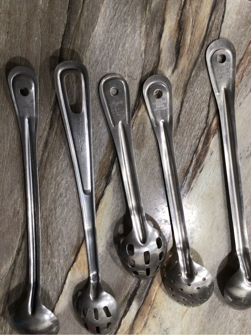 Set of 5 Vintage Stainless Steel Serving Spoons AP-1033 AP-1015 Japan #821 Korea